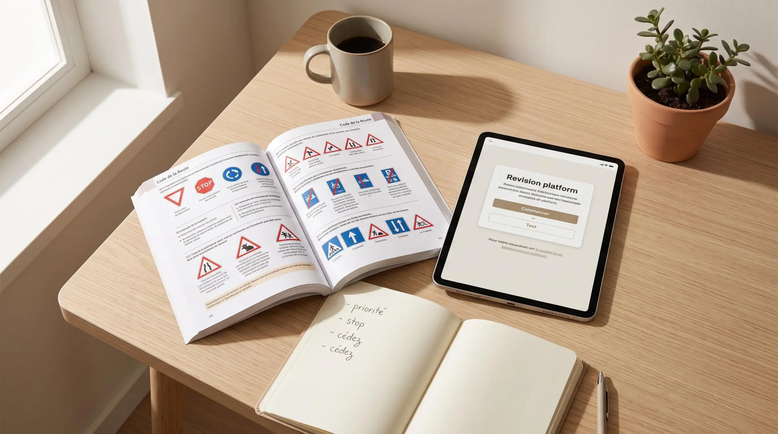 Livre de code de la route français ouvert, tablette affichant une plateforme de révision en ligne et carnet de notes manuscrites sur un bureau à domicile
