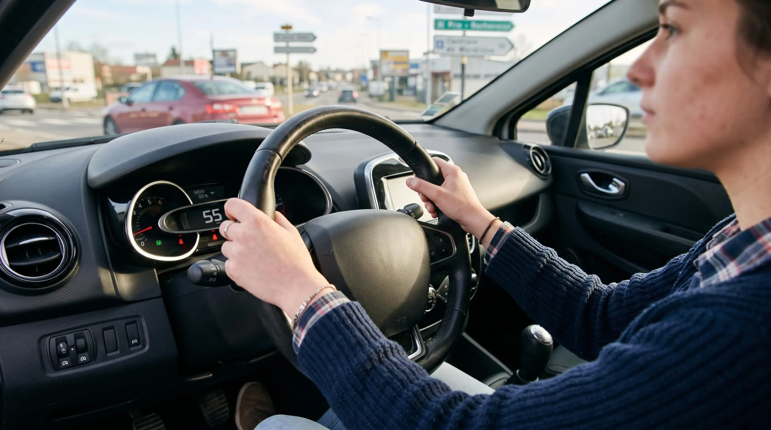 Mains d'une élève conductrice bien positionnées sur le volant d'un véhicule auto-école, tableau de bord visible en arrière-plan