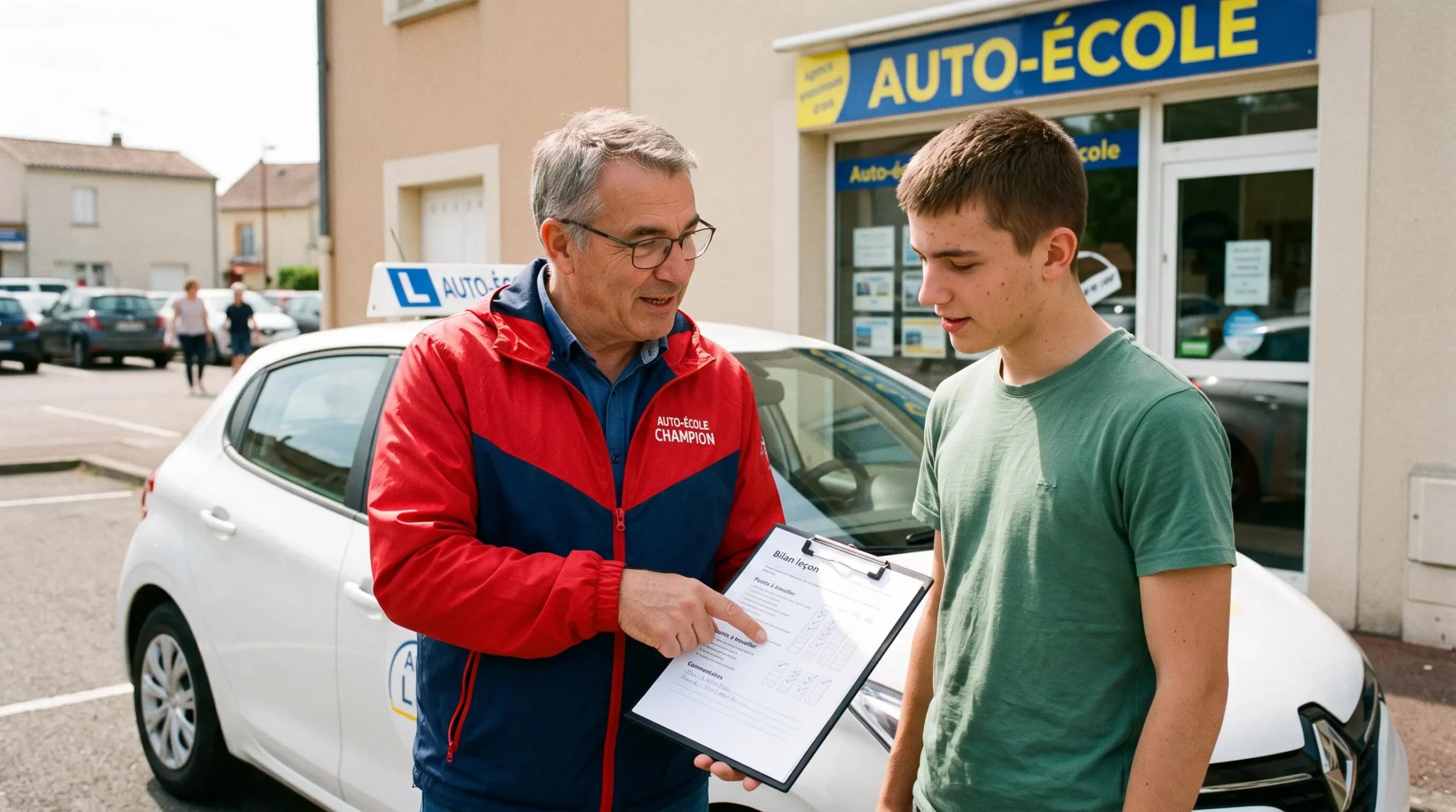 Moniteur d'auto-école debout avec son élève à côté du véhicule, expliquant une fiche d'évaluation après une leçon de conduite