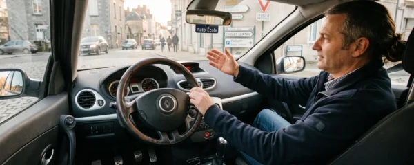 Moniteur d'auto-école expliquant calmement à son élève au volant dans l'habitacle d'un véhicule double-commandes lors d'une leçon de conduite en ville