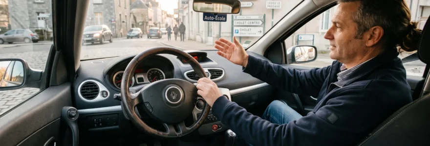 Moniteur d'auto-école expliquant calmement à son élève au volant dans l'habitacle d'un véhicule double-commandes lors d'une leçon de conduite en ville